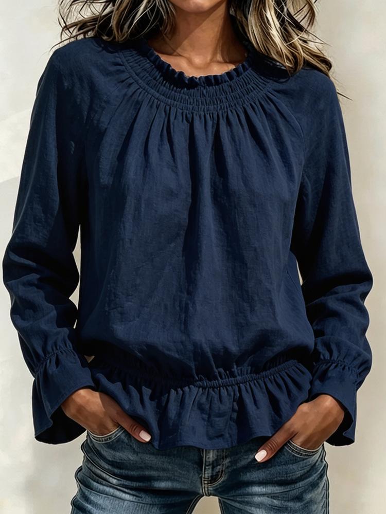 Women's Casual Color Long Sleeve Ruffle Blouse with Round Neck