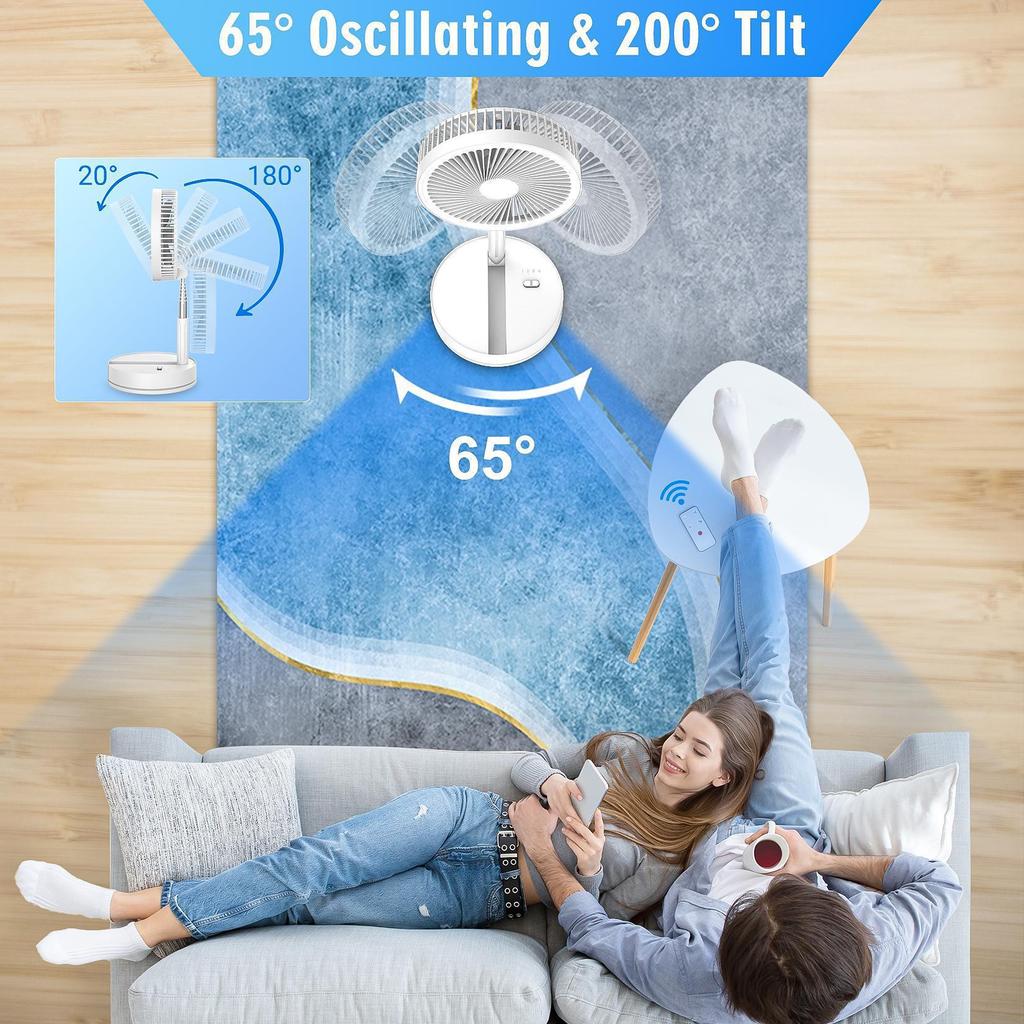 Portable Foldable Wireless Charging Fan with Silent Operation, Telescopic Design, Large Airflow, and Remote Control.