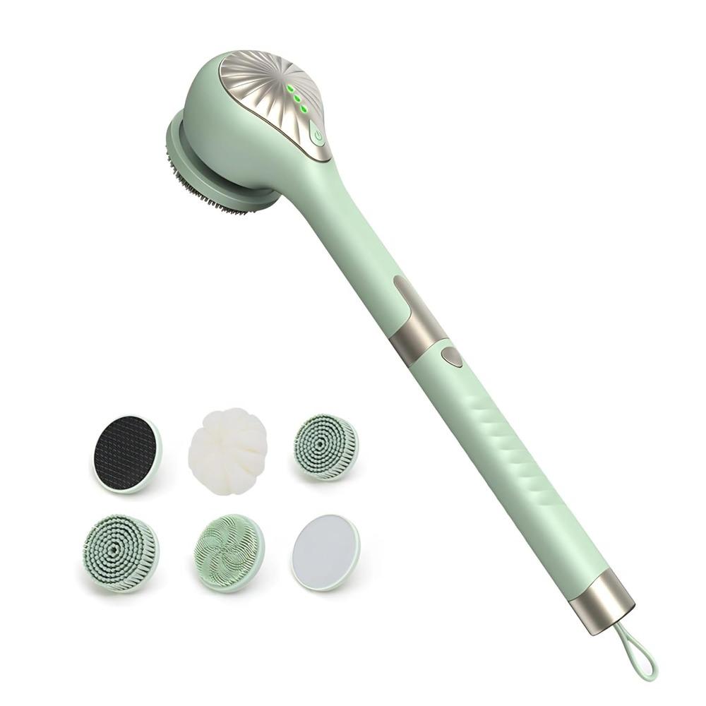 Electric body back scrubber for shower use, IPX6 waterproof bath brush with long handle, 6 brush heads, 3-speed rechargeable electric rotating brush