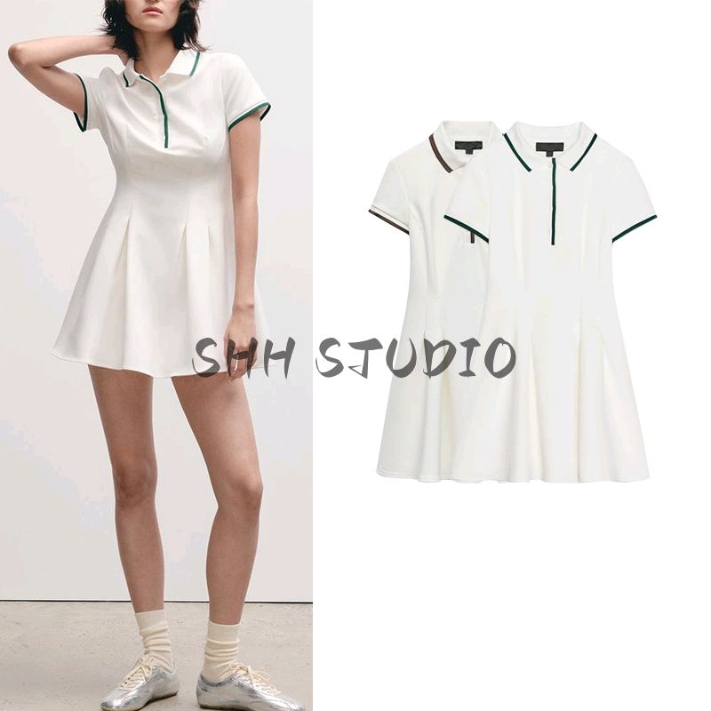 Women's Spring Clothing French Style Preppy Style Lapel Short Sleeve Wavy Style Wide Hem Rib Short Dress 4661306