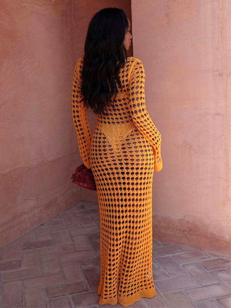 EDOLYNSA Sexy Cut Out Bell Sleeve Solid Knit Crochet Beach Maxi Dress 2024 Women Summer Chic Swimsuit Cover Up Elegant Party Outfit K23