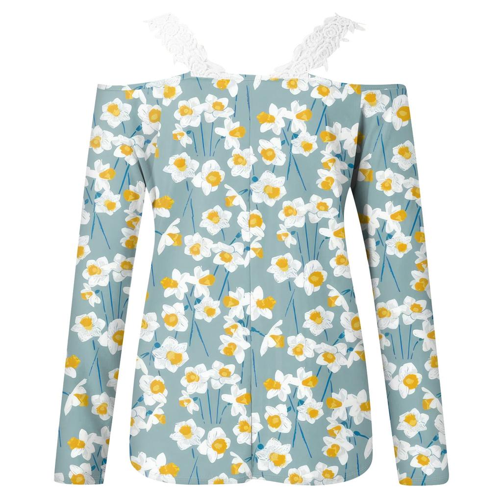 Modischer Spitzen V-Ausschnitt Pullover Langarm Gestreiftes Druck Top Einfarbiges Freizeit T-Shirt