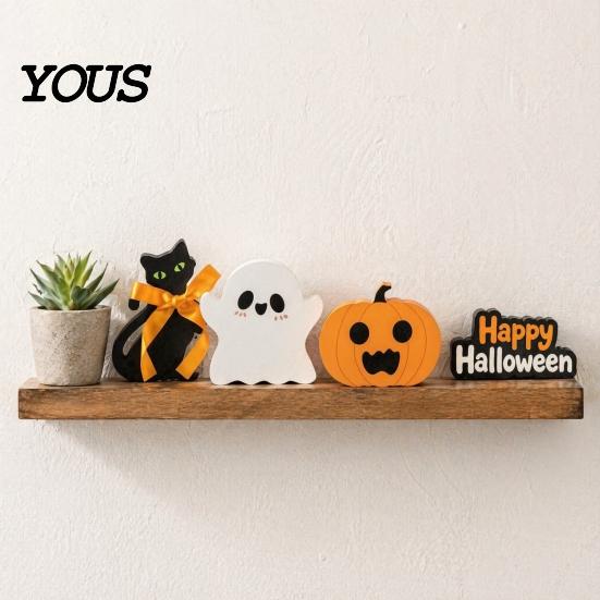 Halloween Atmosphere Props for Photos 3Pcs/Set Tiered Tray Decorations, Cute Ghost Pumpkin Black Cat Decorative Wood Crafts Shelves Ornaments, Wooden
