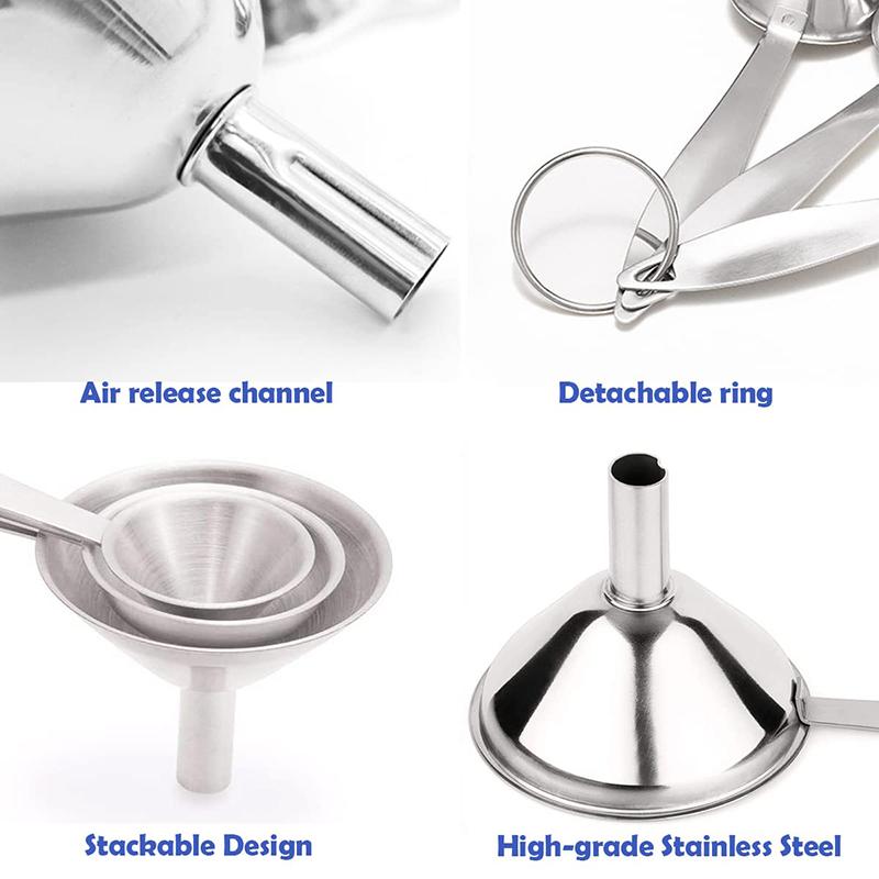 3Pcs Stainless Steel Funnel with Cleaning Brush 3Size Funnels Set Oil Jam Powder Funnel Kitchen Mini Funnel Set Kitchen Funnel