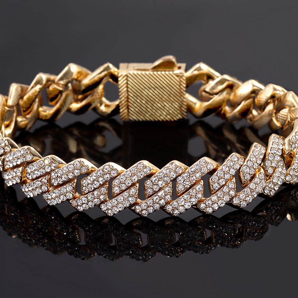 7/8/9inch 14MM Cuban Link Chain Bracelets Women Men Rhinestone Paved Prong Cuban Chain Bracelet Wristband Hip Hop Jewelry