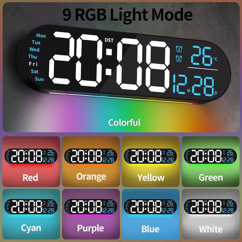 14.3" Digital Wall Clock with Remote Control, Large Display, LED Clock for Living Room, Bedroom, Auto-Dimming, 9 Color Night Light, Auto DST, Date,