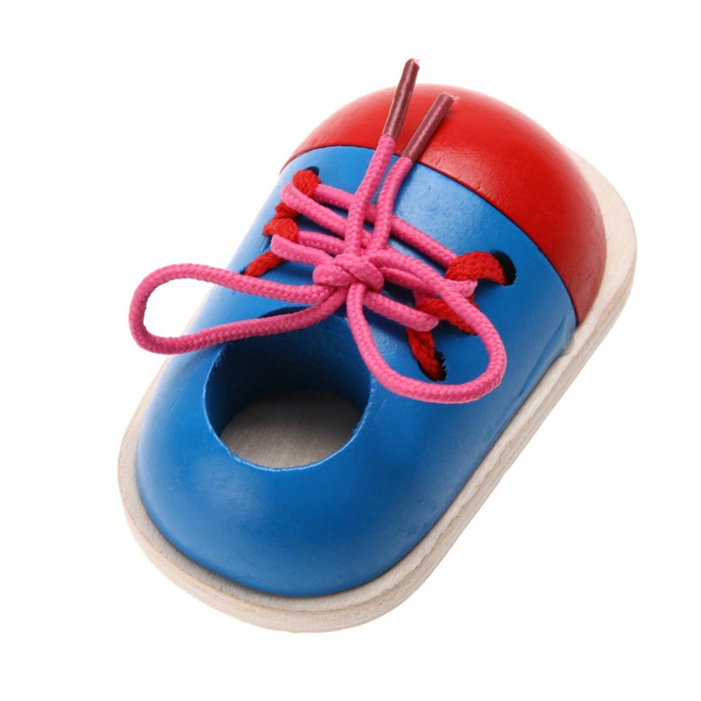 1pc Kids Montessori Educational Toys Children Wooden Toys Toddler Lacing Shoes Early Learning Toy