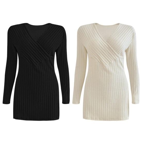 Women Tops V-Neck Long Sleeve Slim Fit Knitting Tops Solid Color Slim Fit Autumn Winter Blouse Versatile Daily Wear