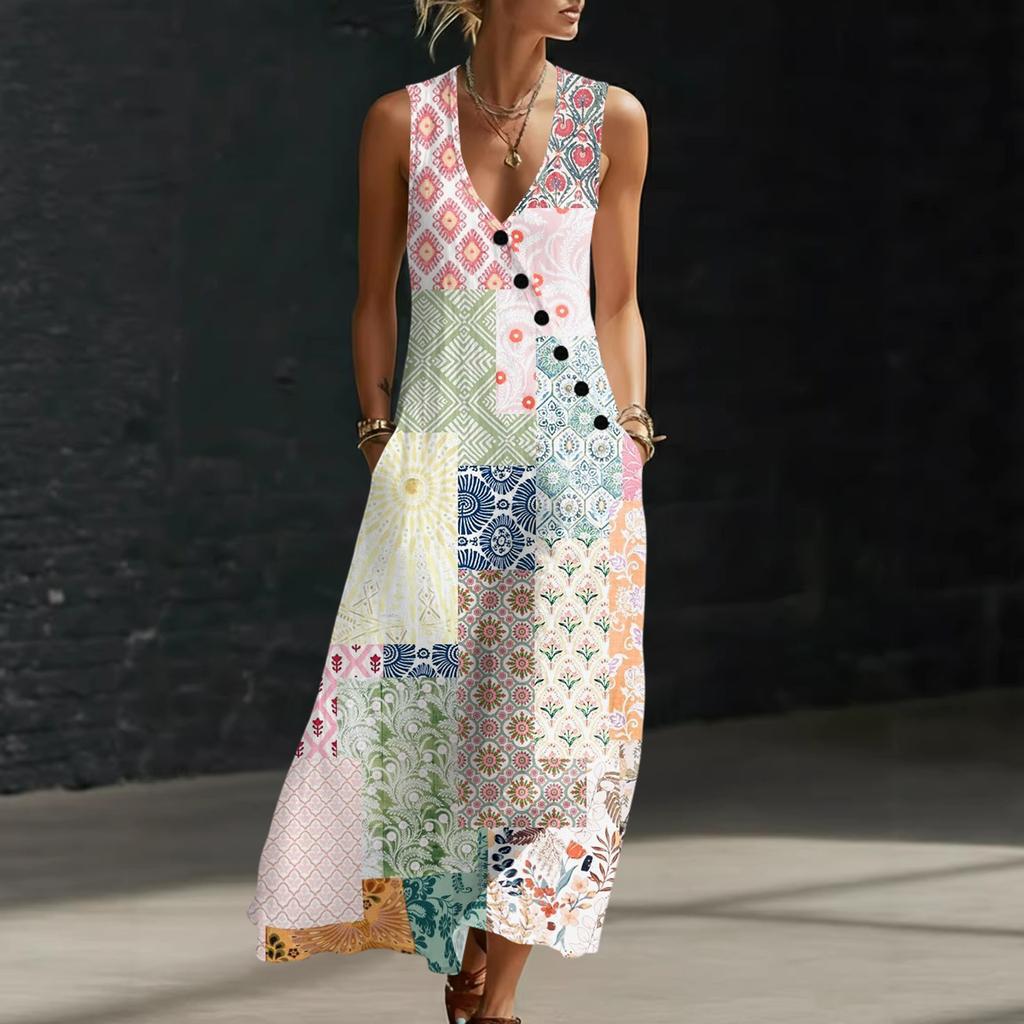 Sommerkleider für Damen, fließendes, lässiges Midikleid, Strandkleid mit Taschen