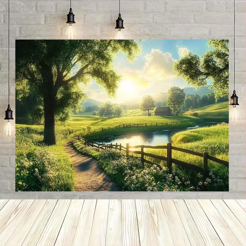 2D Sunrise Farm Backdrop Green Pastoral Landscape Photography Background