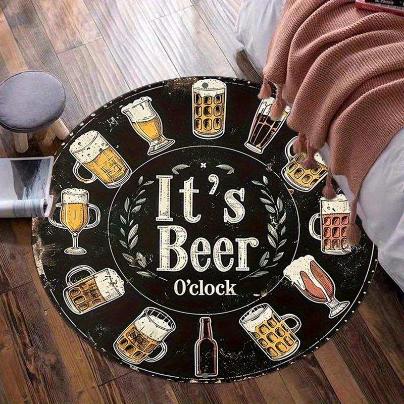 Funny Beer O’Clock Round Rug Flannel Soft Man Cave Bar Game Room Decor Non Slip Washable Brewery Themed Floor Mat Gift Idea