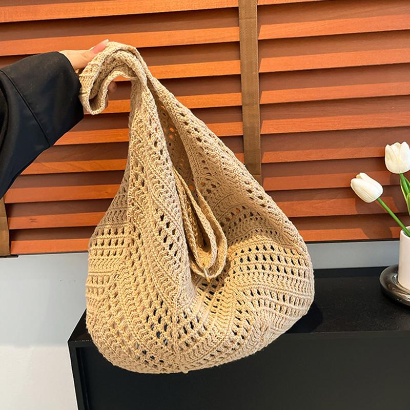 Yogodlns Casual Knitted Tote Bag Women's Summer Fashion Basket Weave Hollow Out Large Capacity Shoulder Bag for Daily Use