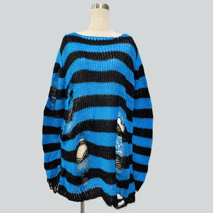 

Cool Long Sweater Women Gothic Punk Unisex Loose Thin Striped Jumper Dark Streetwear Hollow Out Hole Broken Top One Size