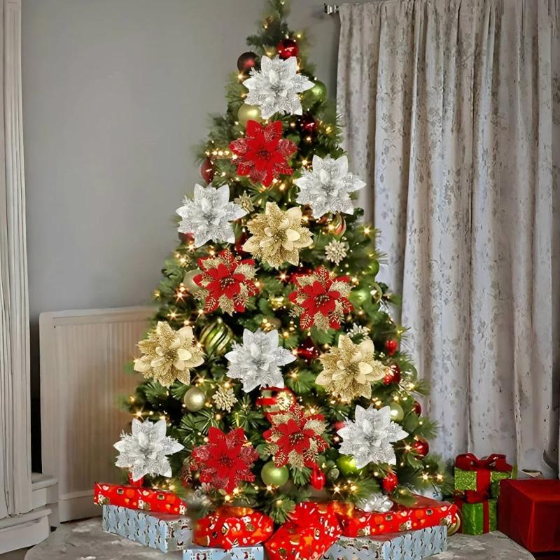 Christmas Glitter Flowers Fake Flower Christmas Tree Decorations for Home Pendant Ornaments Navidad New Year 2027 Gift