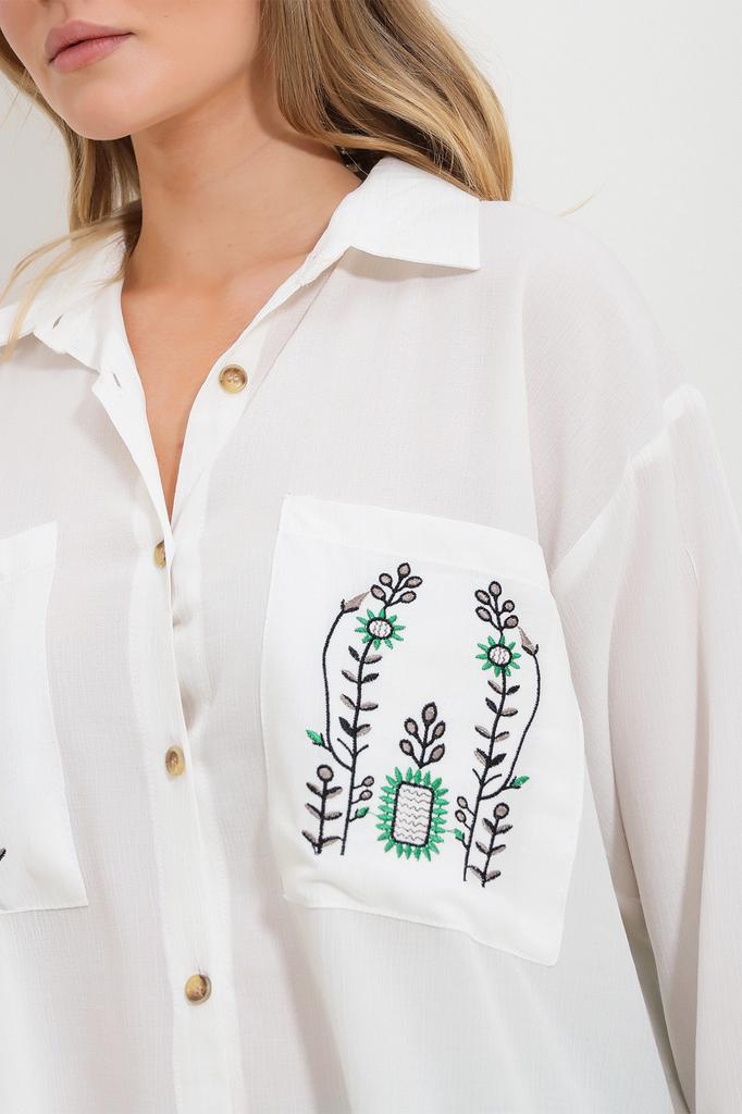 Women's Shirt New Season Fashion White Double Pocket Embroidered Woven Shirt with Button Detail on the Sides