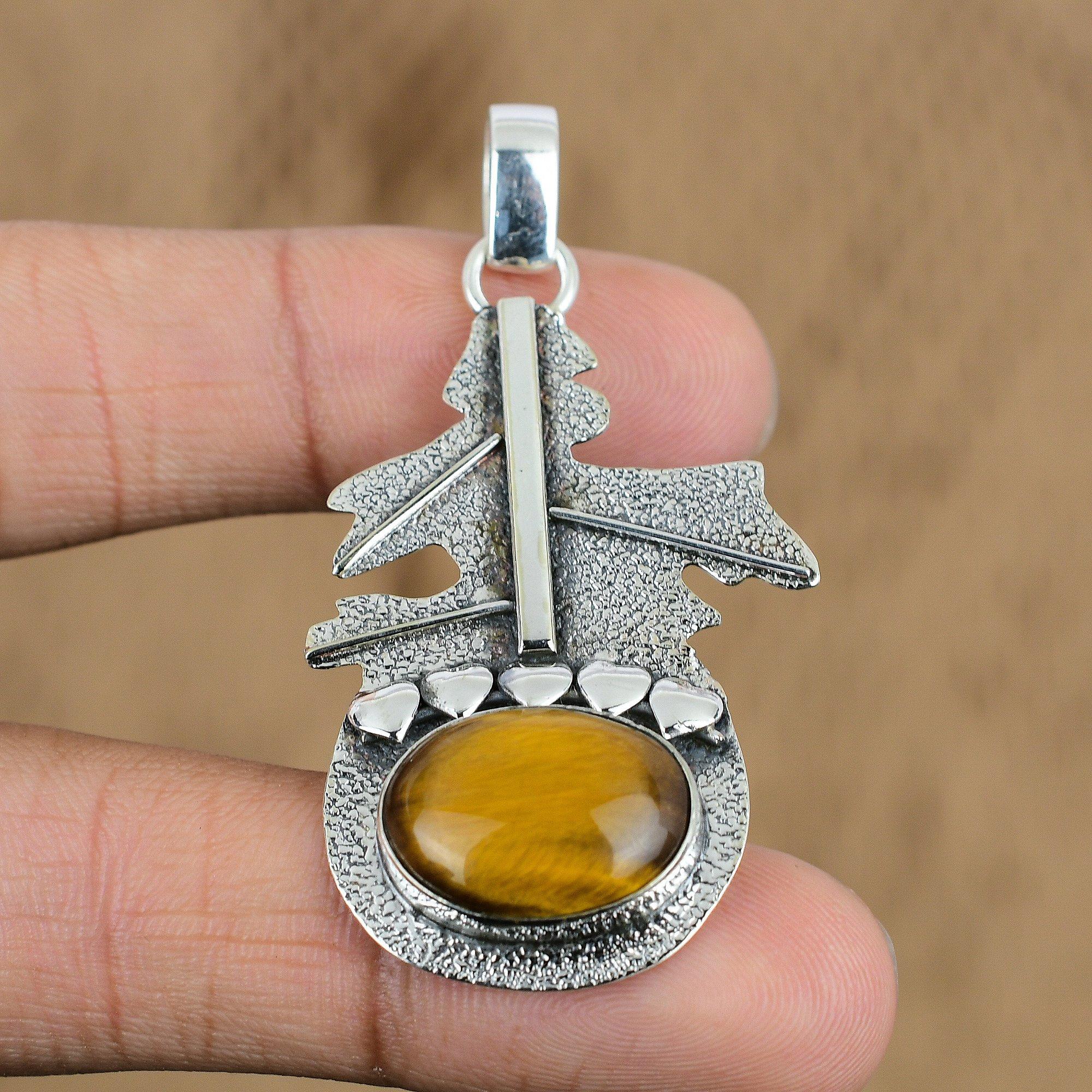 

Natural Tiger S Eye Gemstone Pendant Handmade 925 Sterling Silver Indian Jewelry