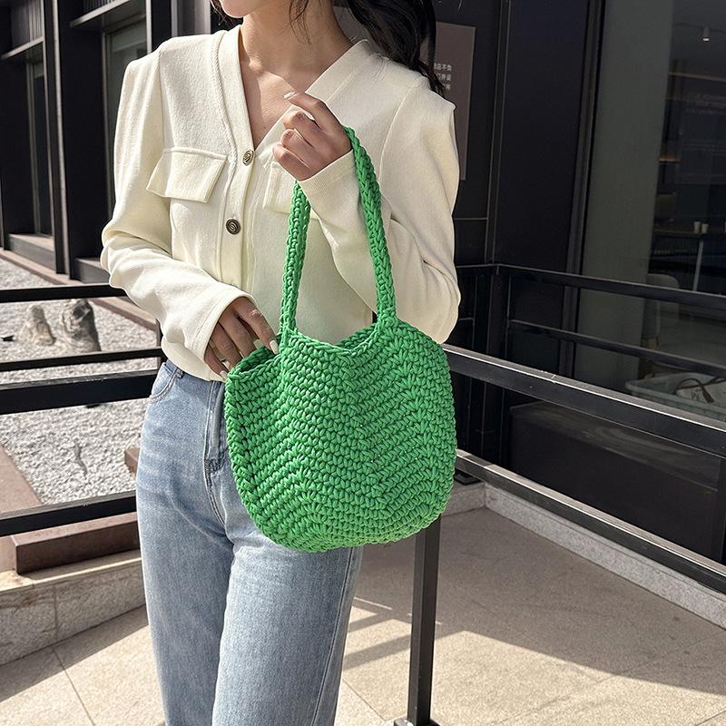 Casual large-capacity cotton thread woven bag, new openwork straw bag, lazy style shoulder bag, vacation beach bag, women's bag