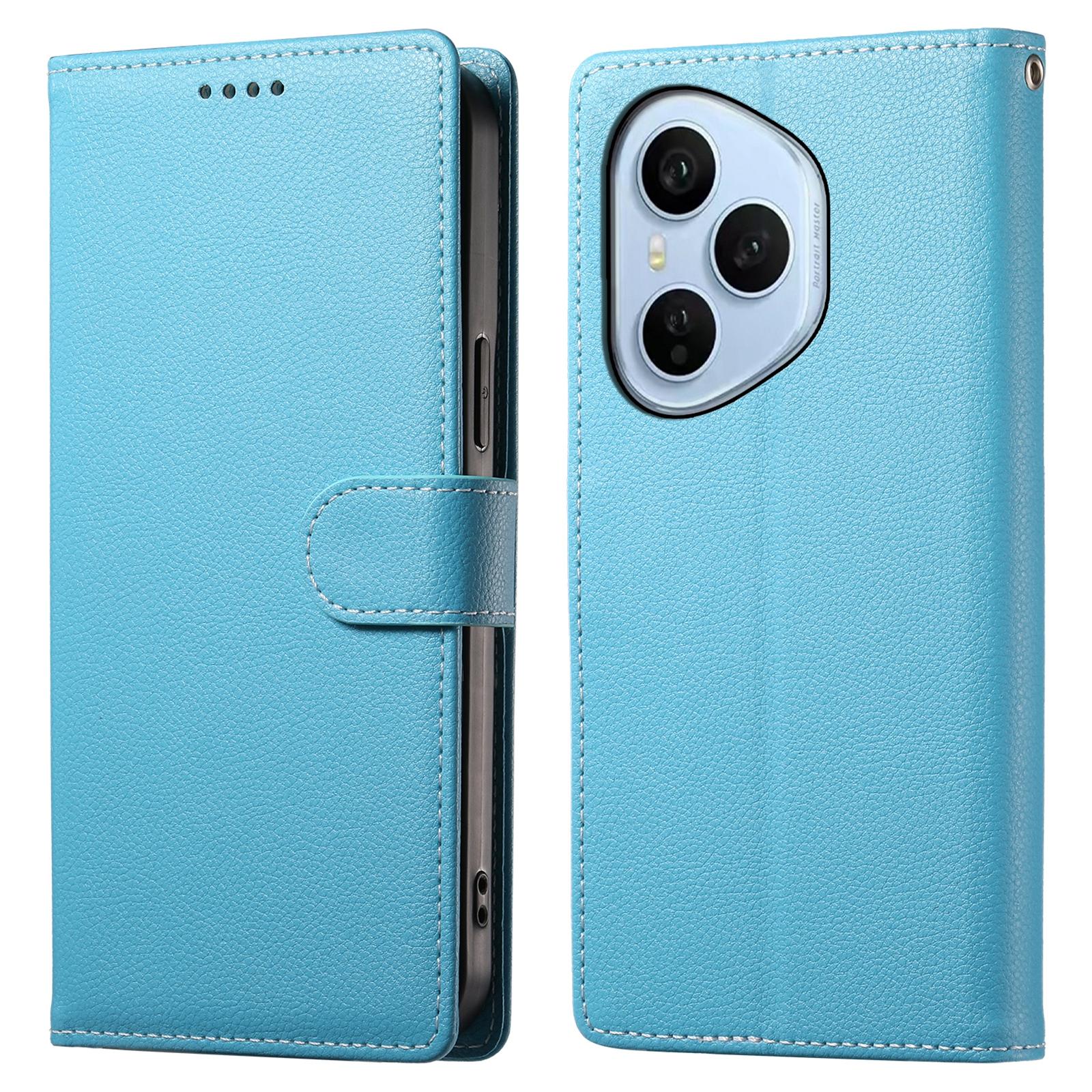 

Для Honor 400 Pro 5G (Глобальный) Чехол-книжка из кожи с текстурой личи, с магнитной застежкой и ремешком на запястье Sky Blue