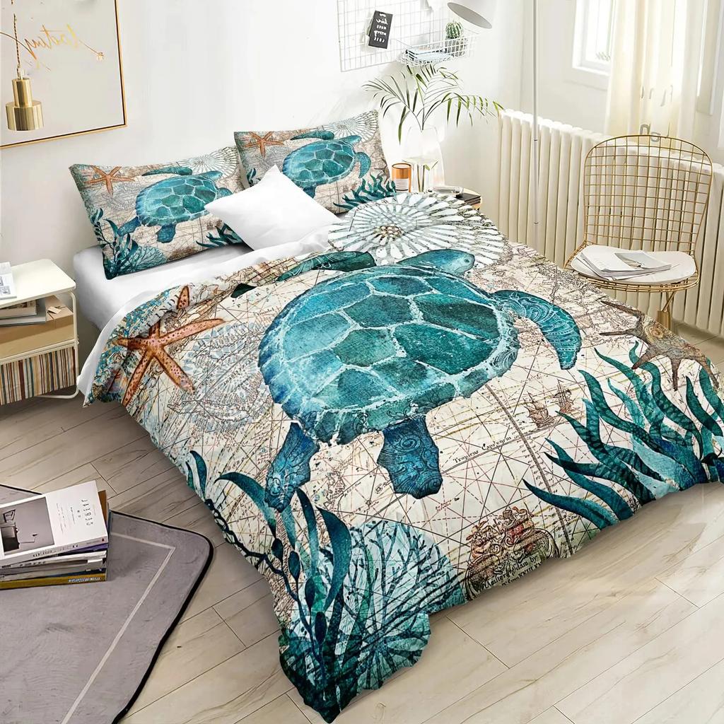 Sea Turtle Duvet Cover Underwater World Themed Marine Life Bedding Set for Women Teen Boys and Girls Gift for Bedroom Decoration