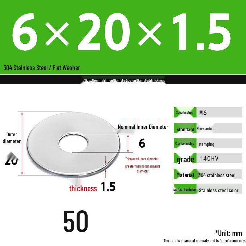 304 Stainless Steel Thickened Flat Washer Set, Sizes 2-36