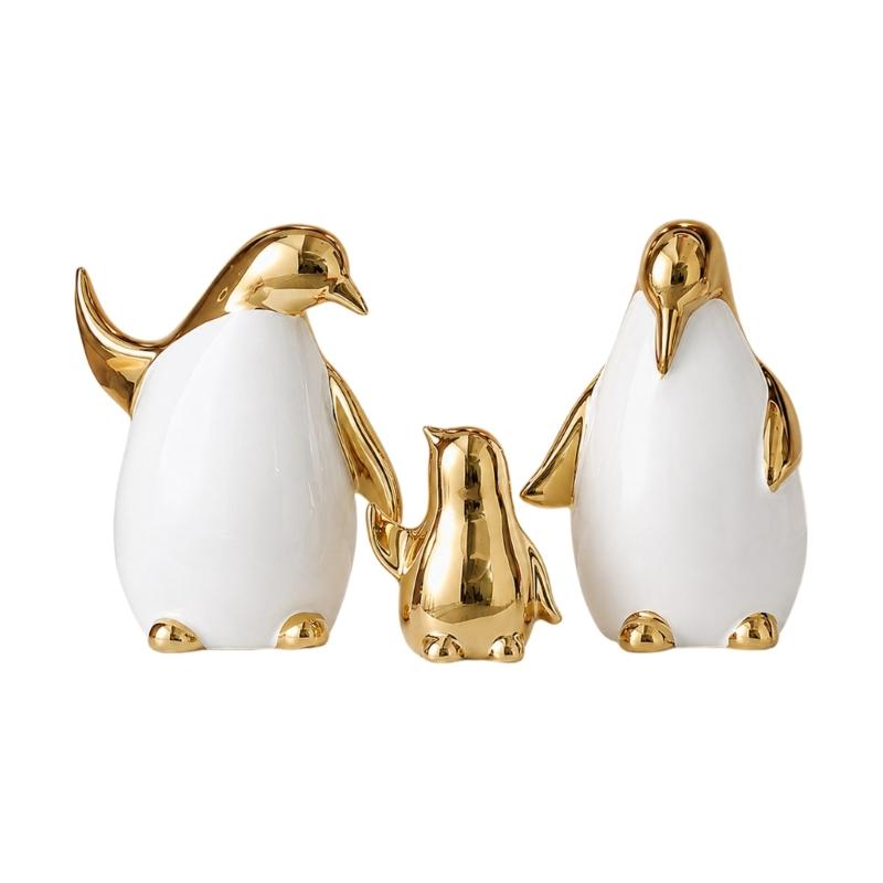 Elegant Ceramic Penguins Family Ornament 3Pcs Animal Sculpture Set Modern Home Office Decors