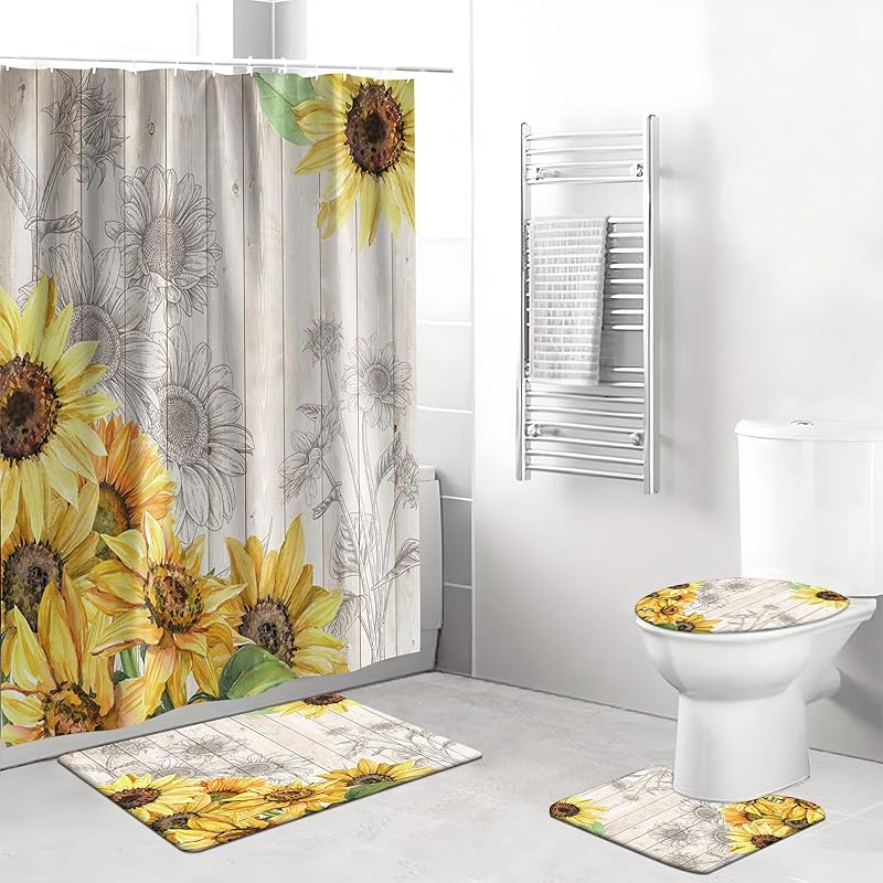 Sunflower Bathroom Sets with Shower Curtain and Rugs -Flower, 4-Piece Shower Curtain Sets with Rugs, Memory Foam Toilet Lid Cover, and Non-Slip