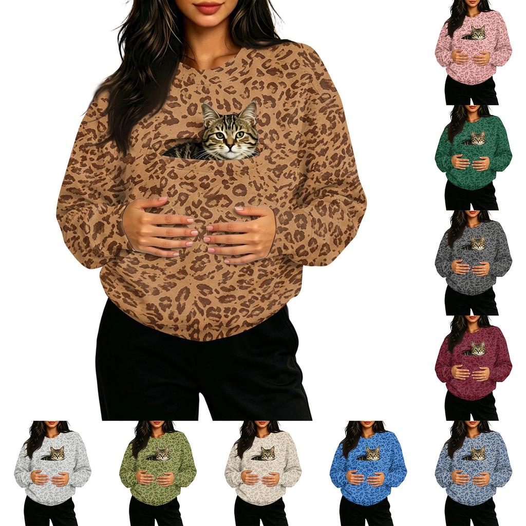Damen Casual Pullover mit Rundhalsausschnitt, Langarm, Leopardenmuster, mit Brusttasche für Haustiere