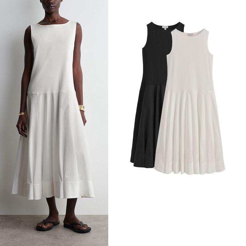 CS Summer New Product Women's Clothes Minimalist Standard Edition Boat Collar Cotton Mid Length Long Length Dress 1281566