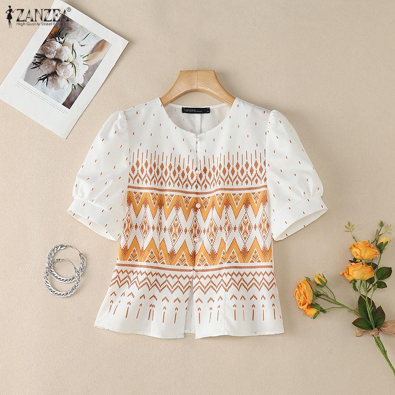 ZANZEA Women Casual Round Neck Short Sleeve Print Blouse