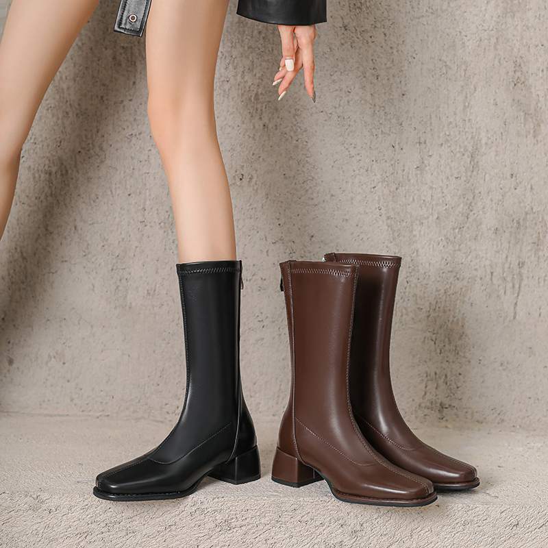 Krazing Pot Microfiber Autumn Winter Shoes Thick Med Heels Size 43 Chelsea Boots Apricot Zipper Mid-calf Boots