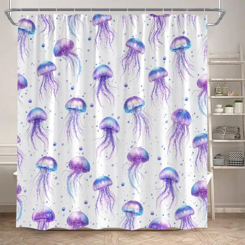 Ocean Fish Shower Curtains Watercolour Coral Sea Animals Kids Bath Curtain Polyester Cloth Modern Home Bathroom Decor with Hooks