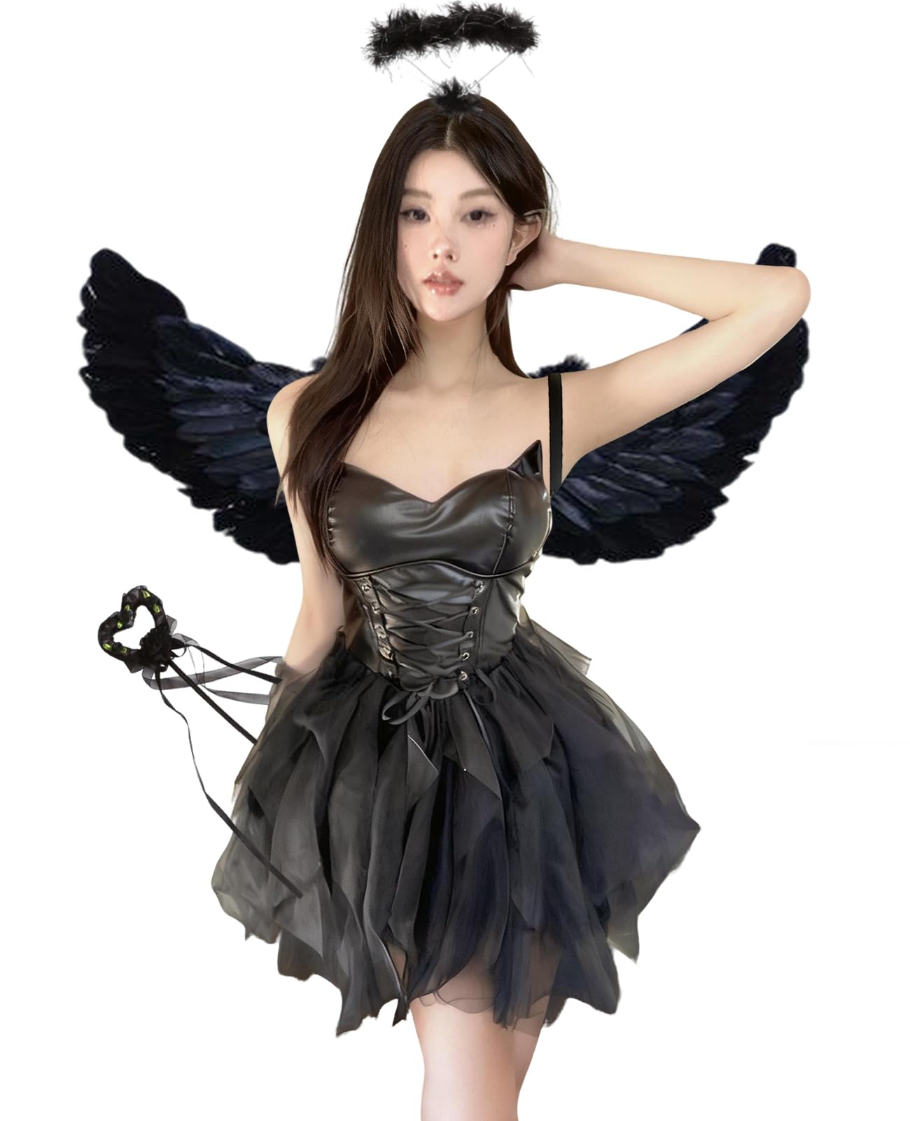 

KALAOK Halloween Cosplay Angel Devil Costume Set for Cute Size XL Adults, Wings, Black,