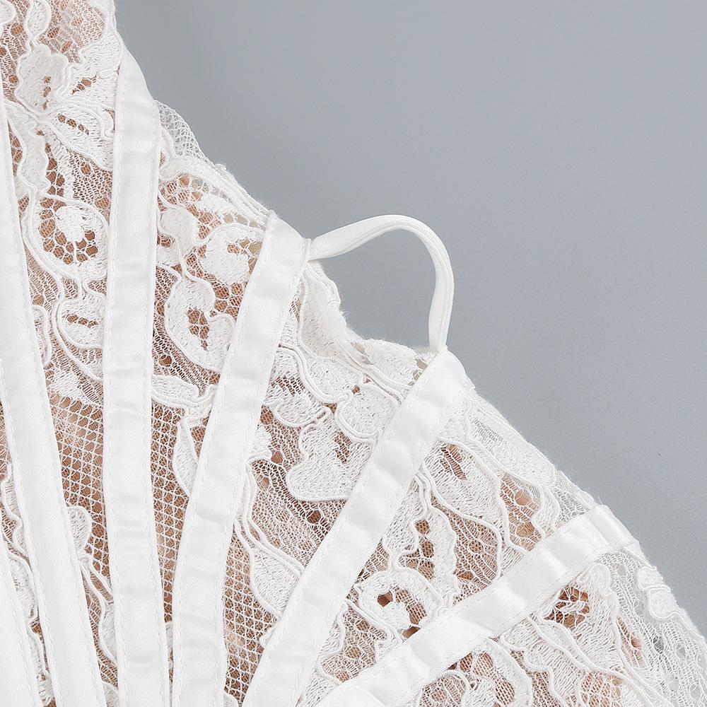 European & American Sexy Lace Irregular Bandeau Dress with Fishbone See-through Waist