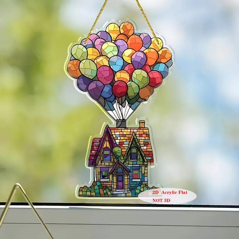 2D Flat Glass-Style Colorful Acrylic Hot Air Balloon and House Desktop Decoration, Suitable for wall Decoration, porch, Room, Villa, accents Home, Hal