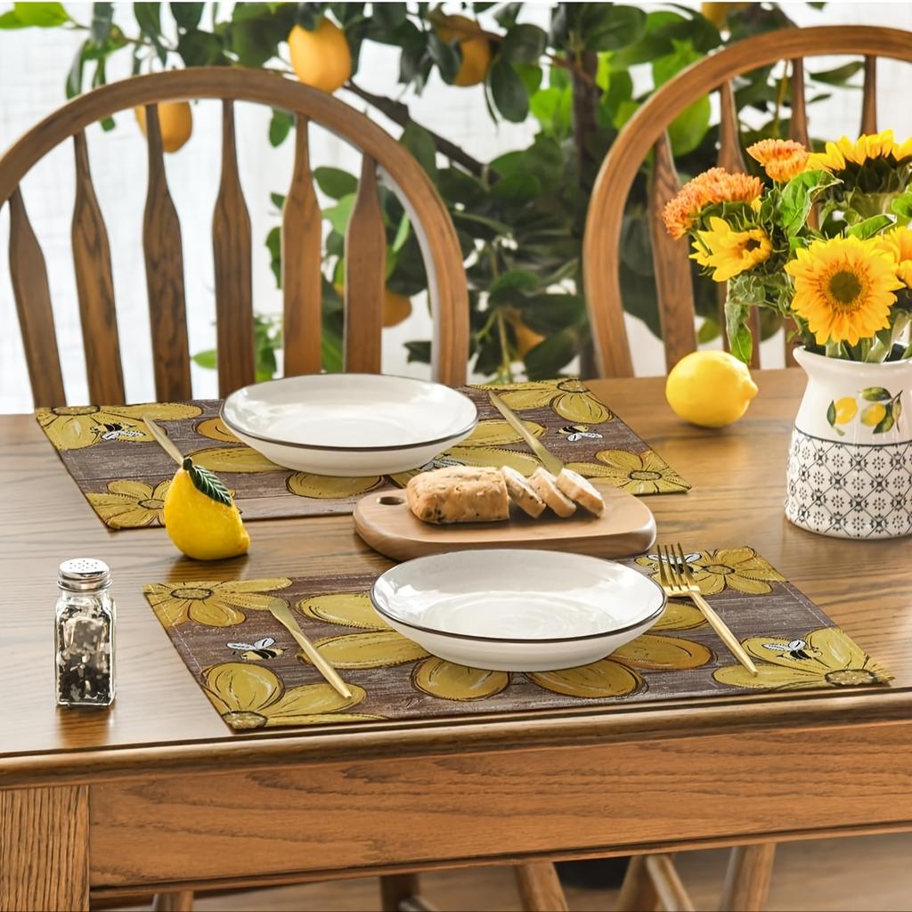 4pcs Wood Bees Flowers Floral Summer Placemats Set of 4,12x18 Inch Seasonal Spring Table Mats for Party Kitchen Dining Decoration