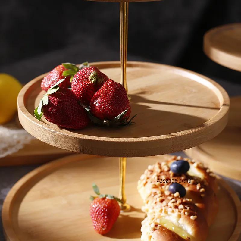 Natural Bamboo Tray Creative Double Layer Fruit Bread Plate Living Room Household Tableware Afternoon Tea Snack Cake Stand