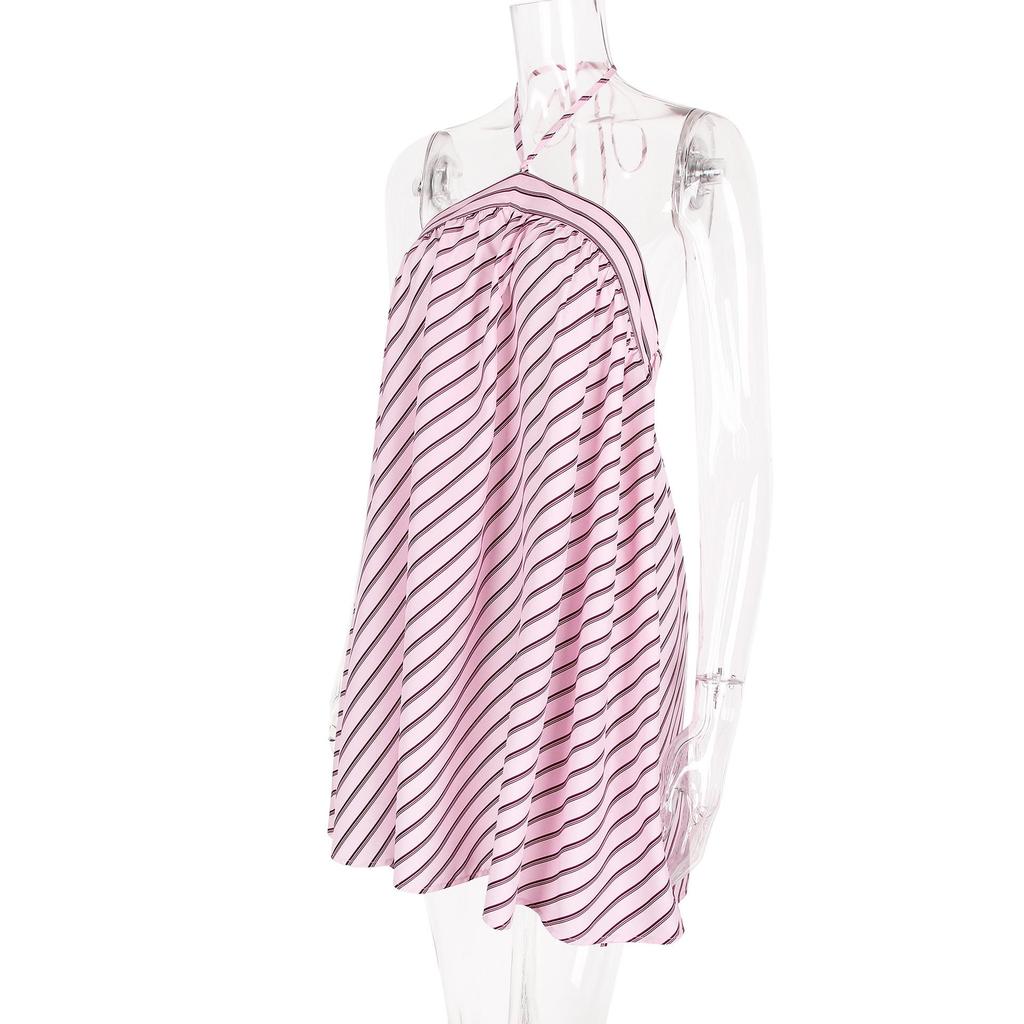 Women's Striped Halter Backless Dress - Spicy European and American Holiday Beachwear