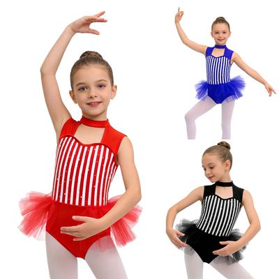 Girls Ringmaster Bodysuit Striped Jumpsuit Rhinestone Details Sleeveless Cutout Waist Mesh Ruffle Performance Costume