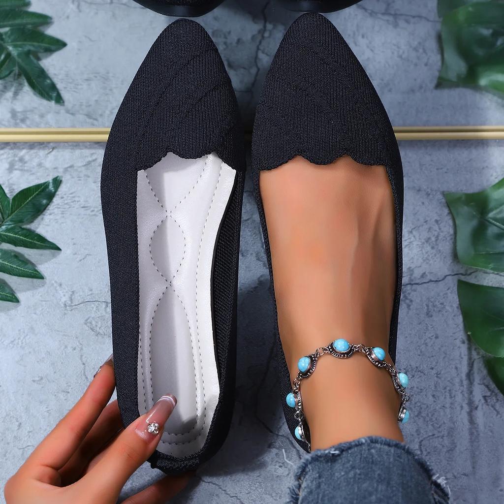 Fashion Women's Casual Flat Knitted Hollow Out Work Shoes Pure Color Pointed Toe Breathable Slip-On Shoes Comfortable Summer Shoes
