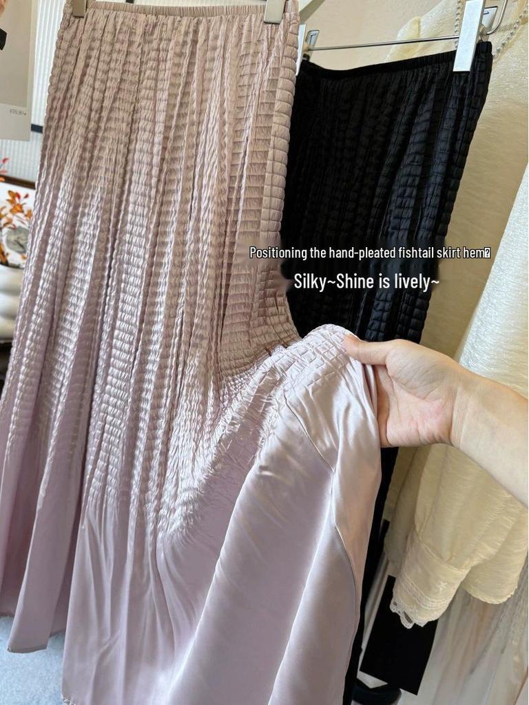 Women's Retro High-Waisted Pleated Satin Midi Skirt - 2026 Spring Collection