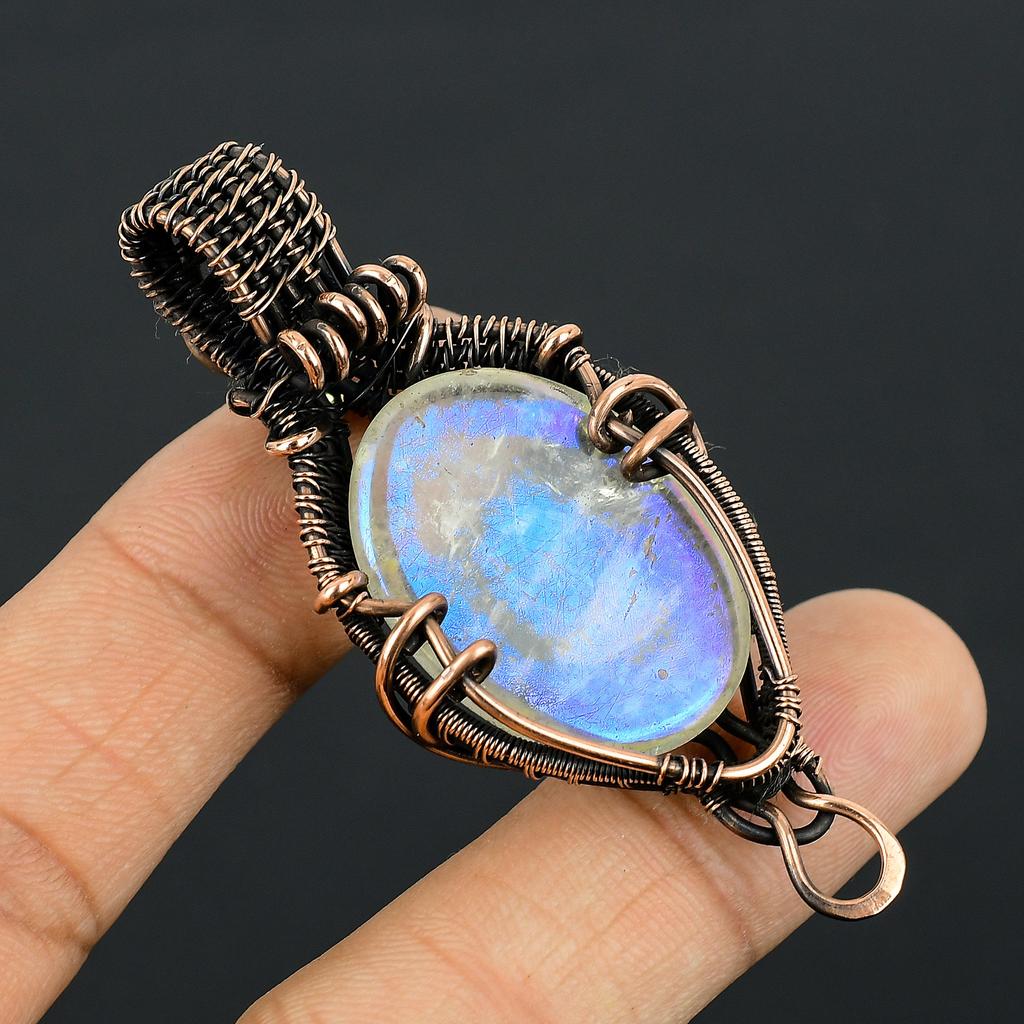 Natural Rainbow Moonstone Gemstone Copper Wire Wrap Pendant Gift 2.15" C3v83