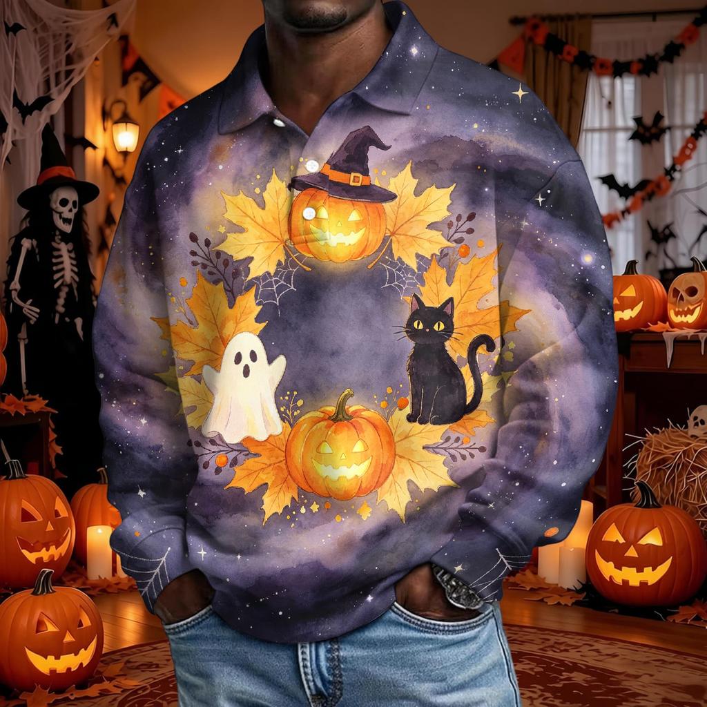 Men's Halloween Long Sleeve Button Up Shirt for Party and Casual Wear