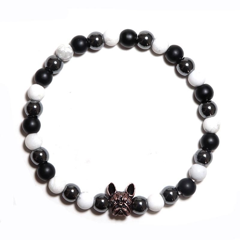 Unique French Bulldog Bracelet Men Natural Tiger Eyes Hematite Turquoises Stone Elastic Bangles Charm Meditation Erkek Bileklik