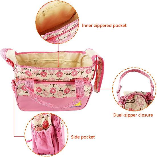 5PCS Baby Diaper Bag Set, baby nappy Handbag with Shoulder Strap, Portable Diaper Changing Bag for Mom Dad