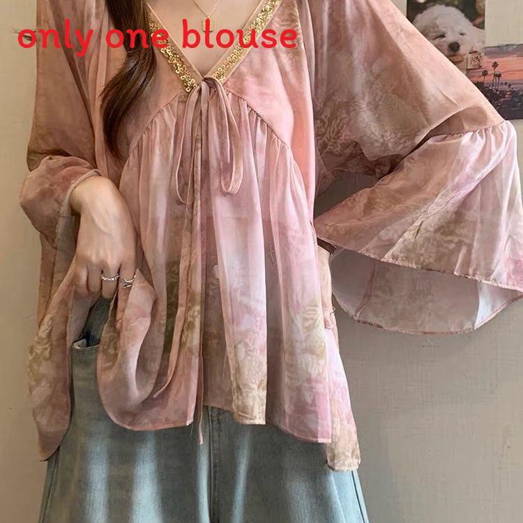 Sommer Chiffonbluse mit 3D-Druck und V-Ausschnitt für Damen