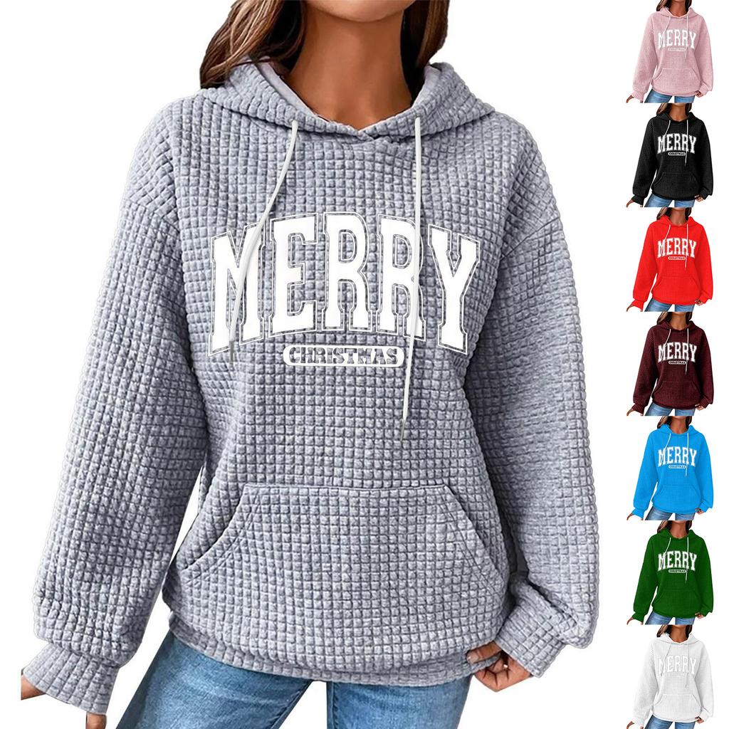 Women's Fashion Loose Hooded Pullover Long Sleeve Plaid Sweatshirt With Drawstring, Drop Shoulder, Pocket, Christmas Print Top