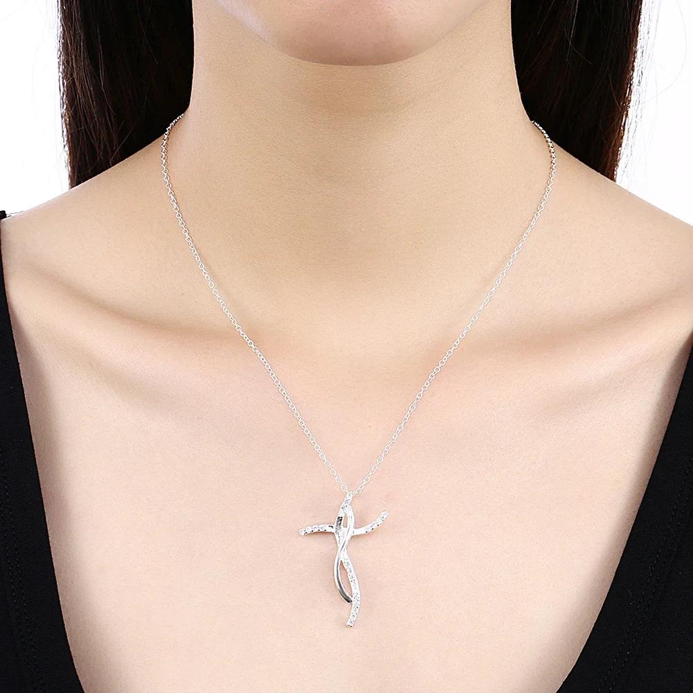 Hot Charm 925 Sterling Silver Necklace for Women Fashion Jewelry Creative Cross Crystal Pendant Girl Gifts Wedding Party