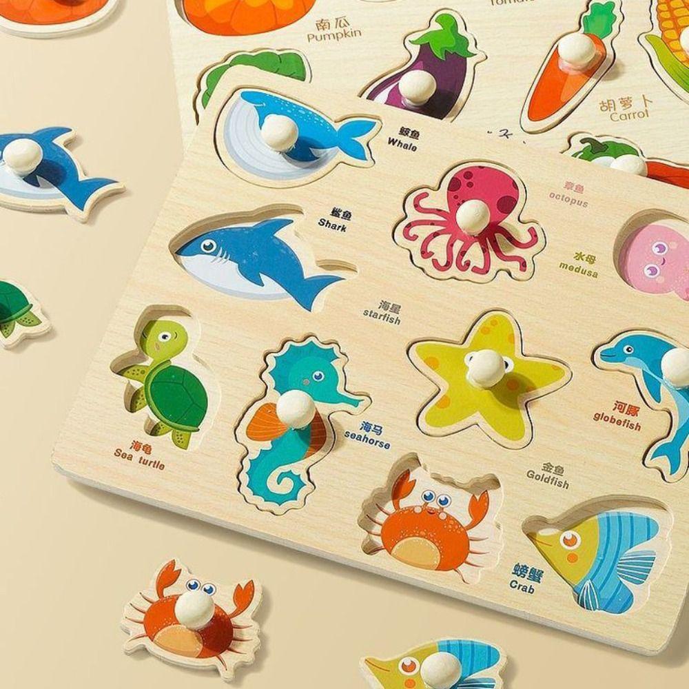 Shape Matching Wooden Puzzle Toys Cartoon Animals Fruits 3D Puzzles  Children
