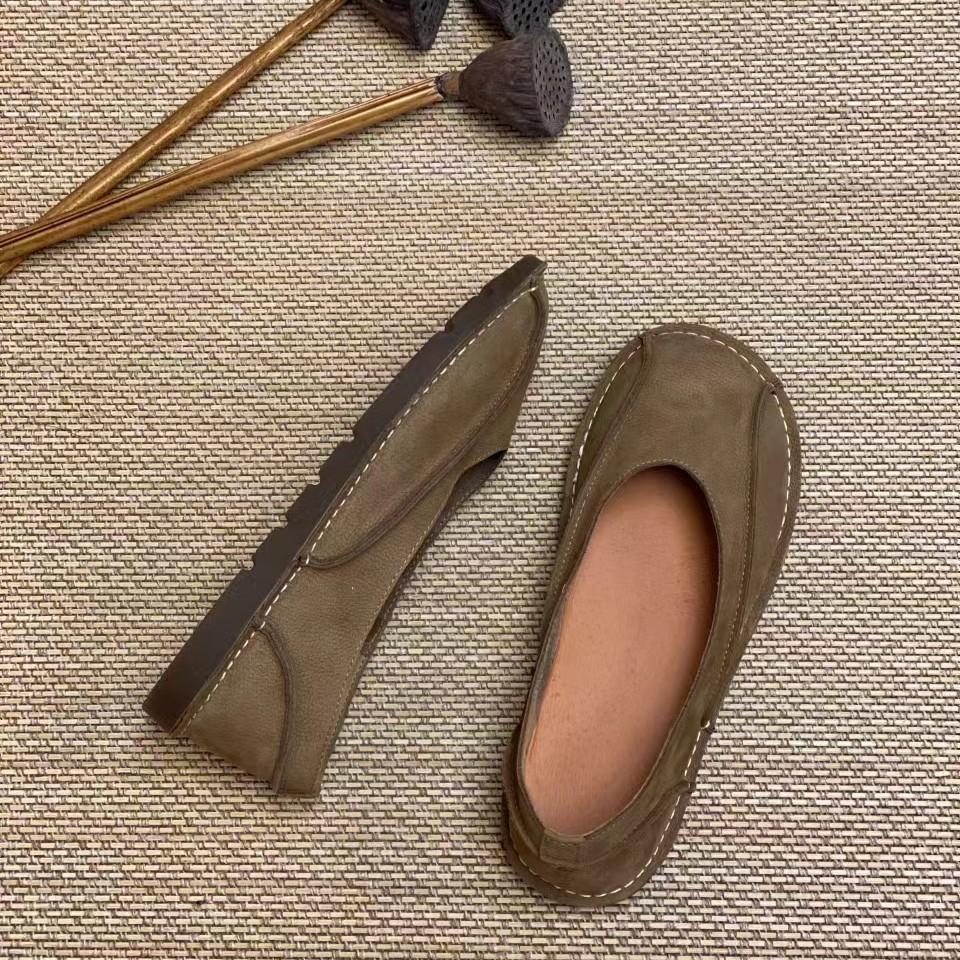Leather Retro Single Shoes Soft Leather Soft Sole One Pedal First Layer Cowhide Women's Shoes New Flat Shoes