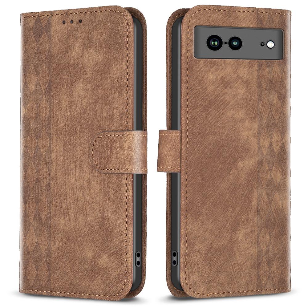 

Shockproof Phone Case for Google Pixel 7a Wallet Shell Imprinting Grid Pattern Stand Cover Brown